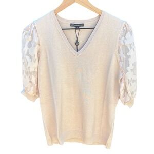 Adrianna Papell M Champagne Blush Knit Top Sheer Floral Puff Sleeves New